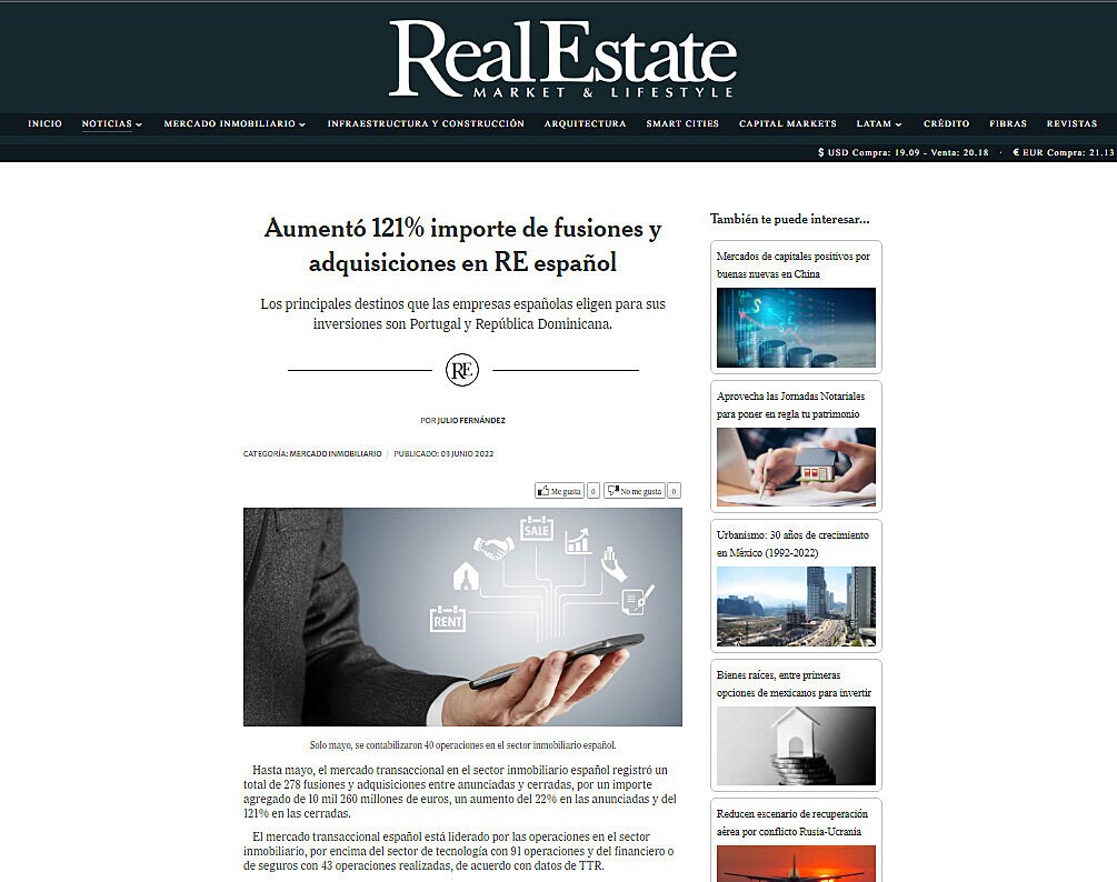 Aument 121% importe de fusiones y adquisiciones en RE espaol